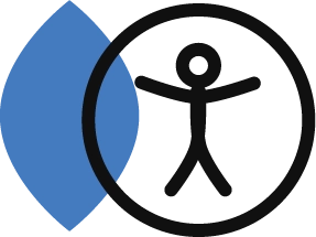 Logo Ingenierie Atipy avec cercle noir, silhouette stylisée et forme bleue en arrière-plan
