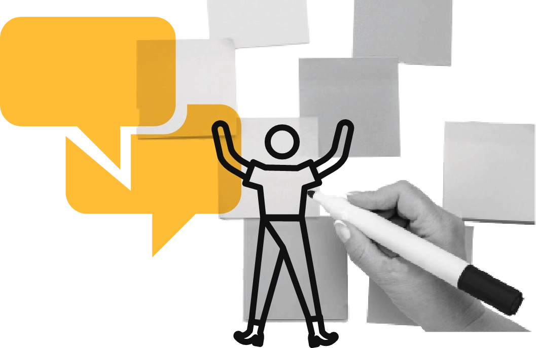 Main tenant un feutre devant un pictogramme de personne entouré de bulles de dialogue jaunes et grises