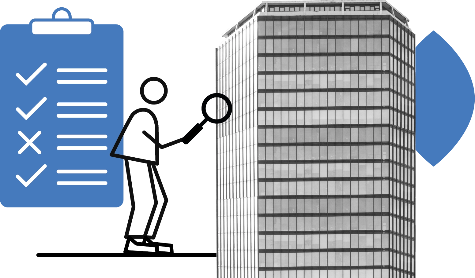 Personne dessinée pointant un grand immeuble de bureaux, à côté d'une checklist bleue avec cases cochées