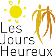 Logo Les Jours Heureux avec soleil jaune et silhouette humaine stylisée en dégradé orange et or
