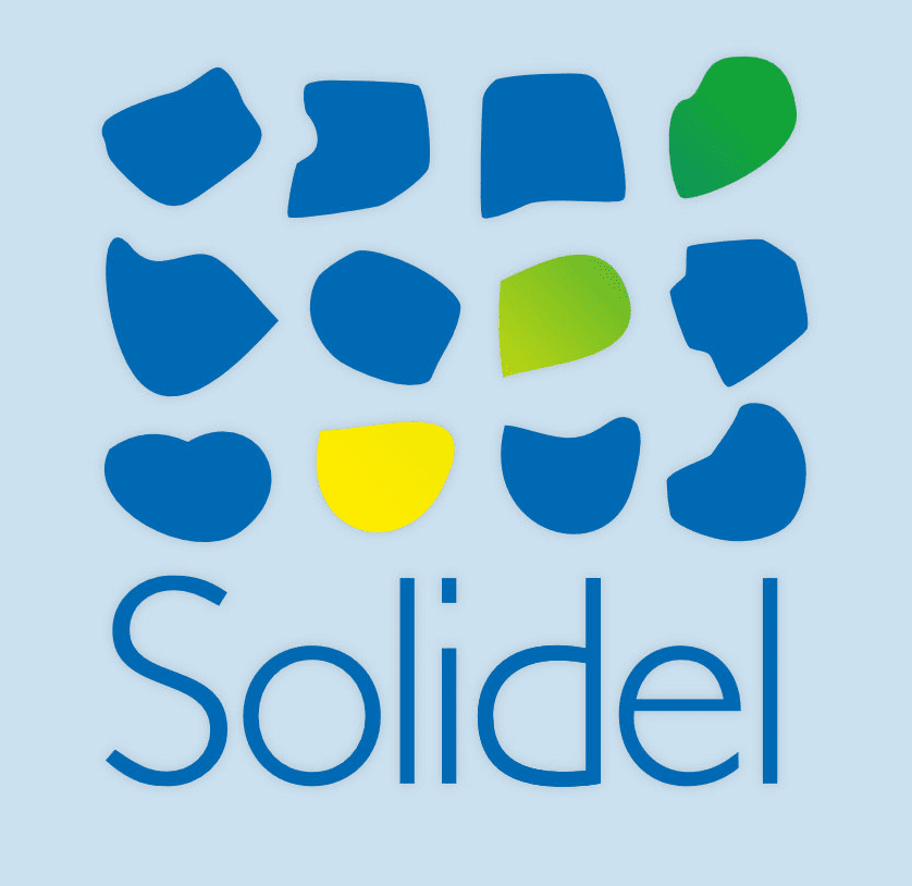 Logo Solidel en lettres bleues sous douze formes irrégulières bleues, vertes et jaunes sur fond gris clair