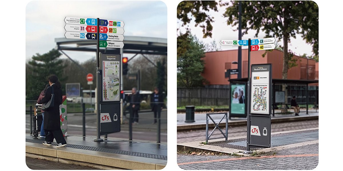 Deux totems de signalétique avec plan et panneaux de lignes installés sur des quais de tramway