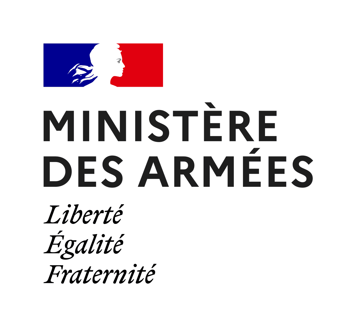 Logo Ministère des Armées avec drapeau tricolore, profil de Marianne et devise Liberté Égalité Fraternité