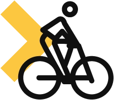 Logo Atipy Mobilités avec cycliste noir sur fond blanc et chevrons jaunes à gauche