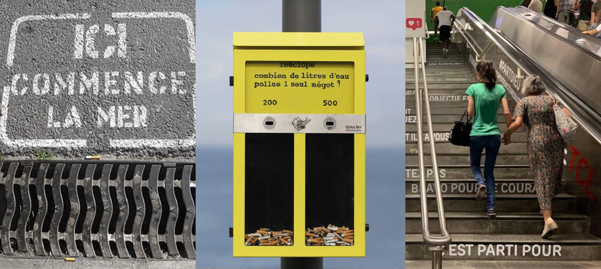 Montage de trois nudges urbains : message au sol, cendrier-sondage et escalier avec texte incitant à monter