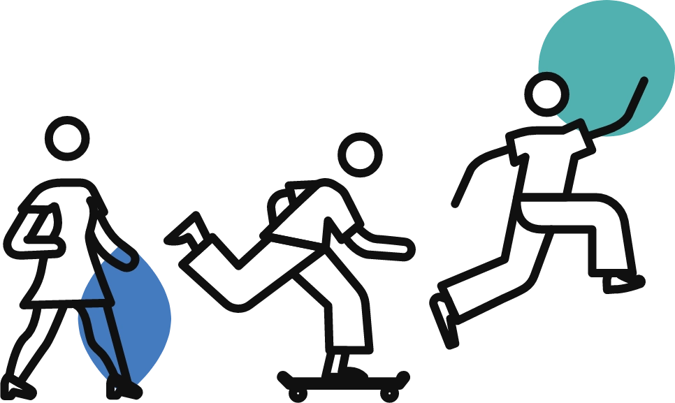 Trois personnages stylisés noirs se tiennent par la main, avec cercles bleu et vert en arrière-plan