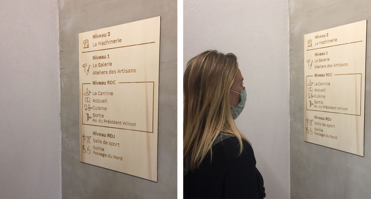 Panneau directionnel en bois listant les espaces par niveau, consulté par une femme masquée dans un couloir
