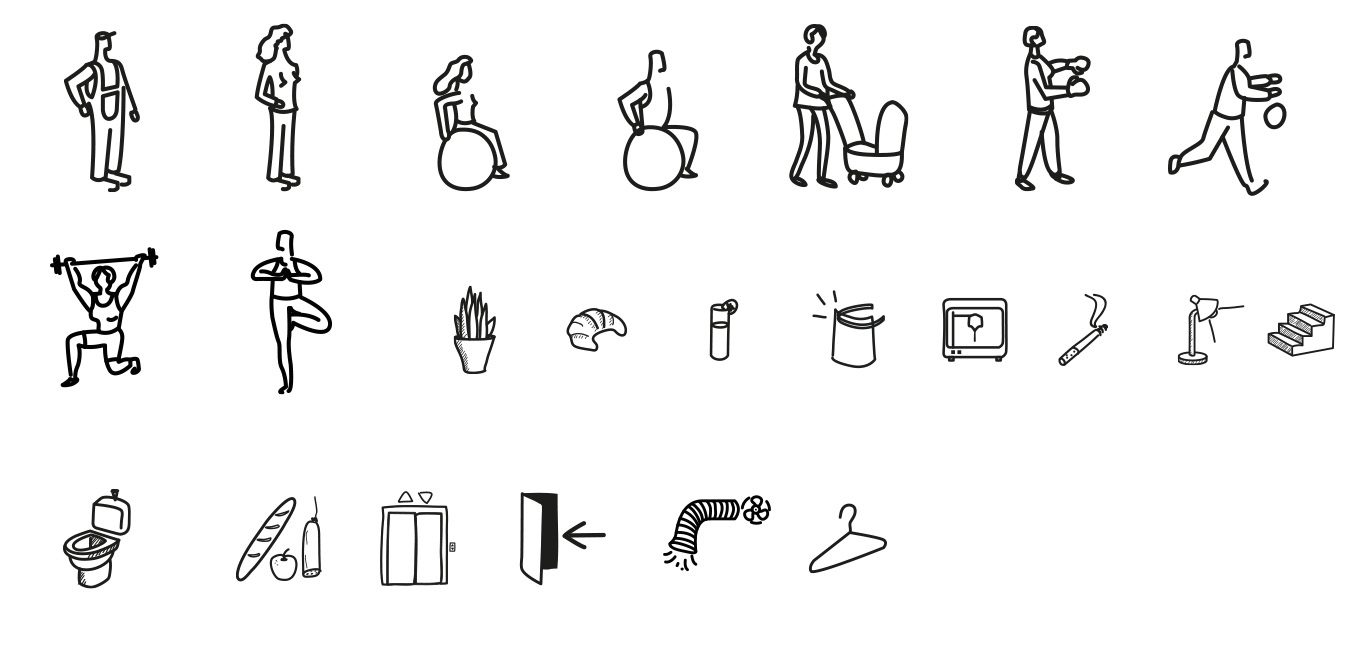 Ensemble de pictogrammes dessinés à la main représentant personnes, objets du quotidien et équipements d’un lieu
