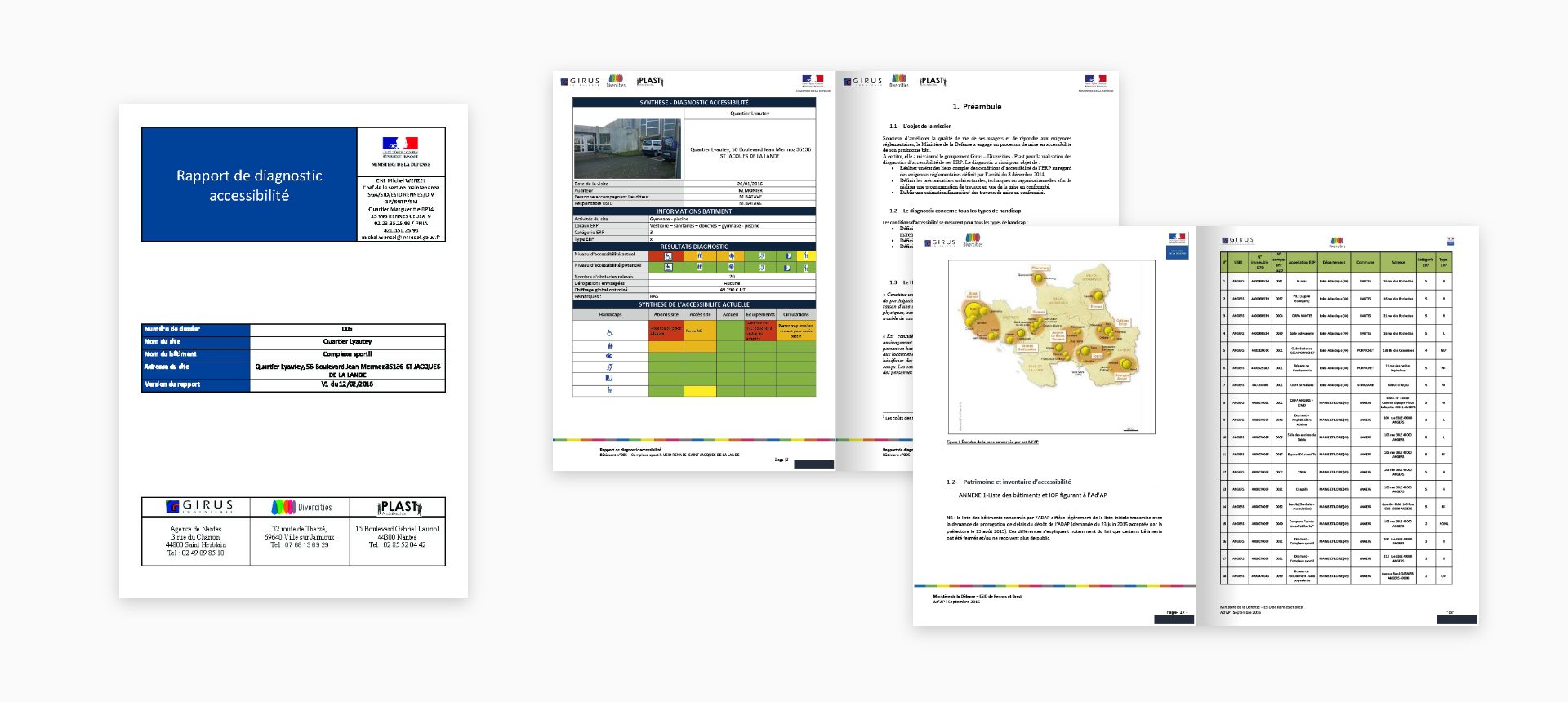 Pages d’un rapport de diagnostic accessibilité du ministère de la Défense avec carte, tableau et couverture bleue