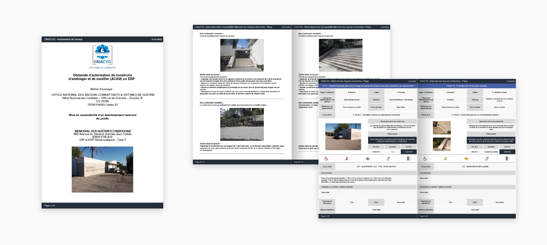 Montage de pages d'un dossier d'accessibilité du Mémorial des guerres d'Indochine à Fréjus avec photos et tableaux
