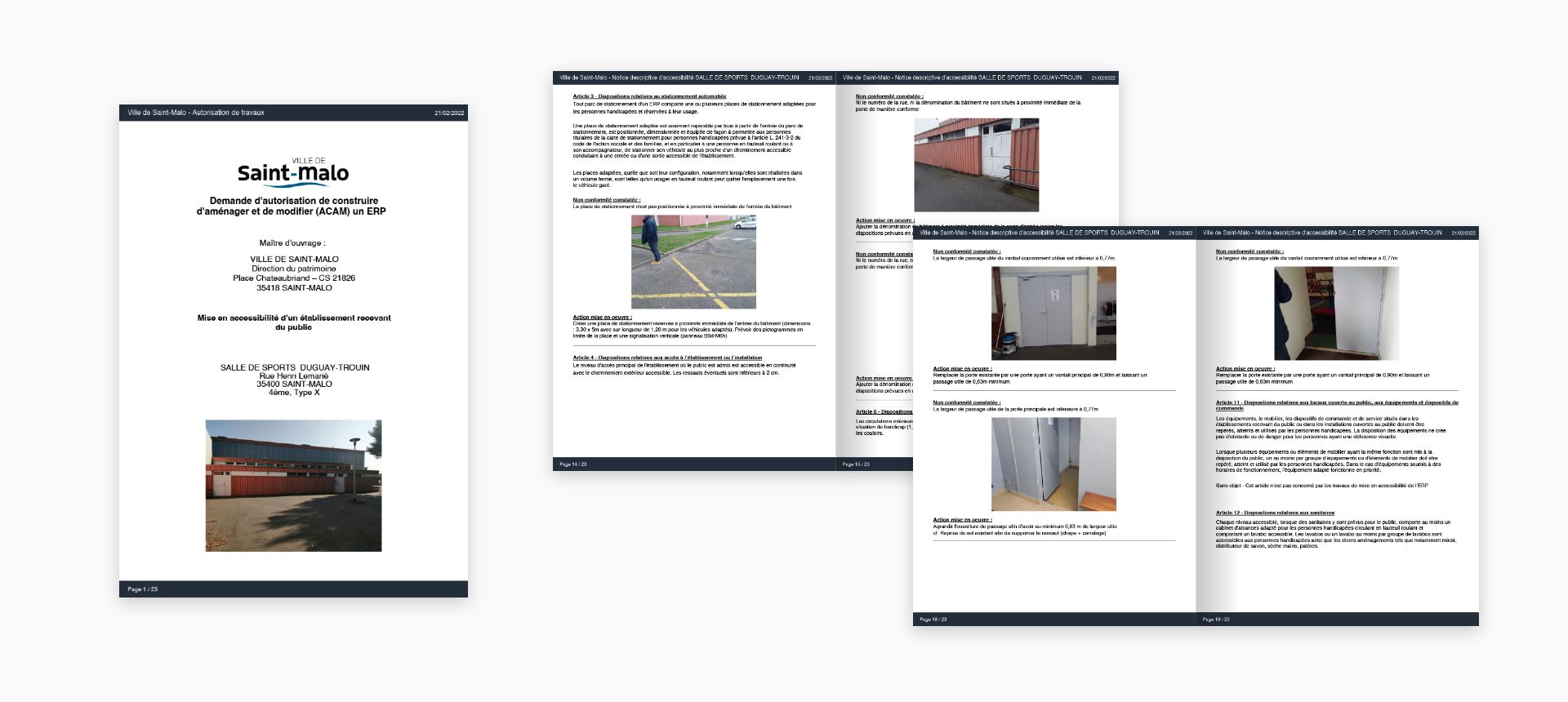 Pages d’un dossier d’accessibilité de la Ville de Saint-Malo pour la salle de sports Duguay-Trouin