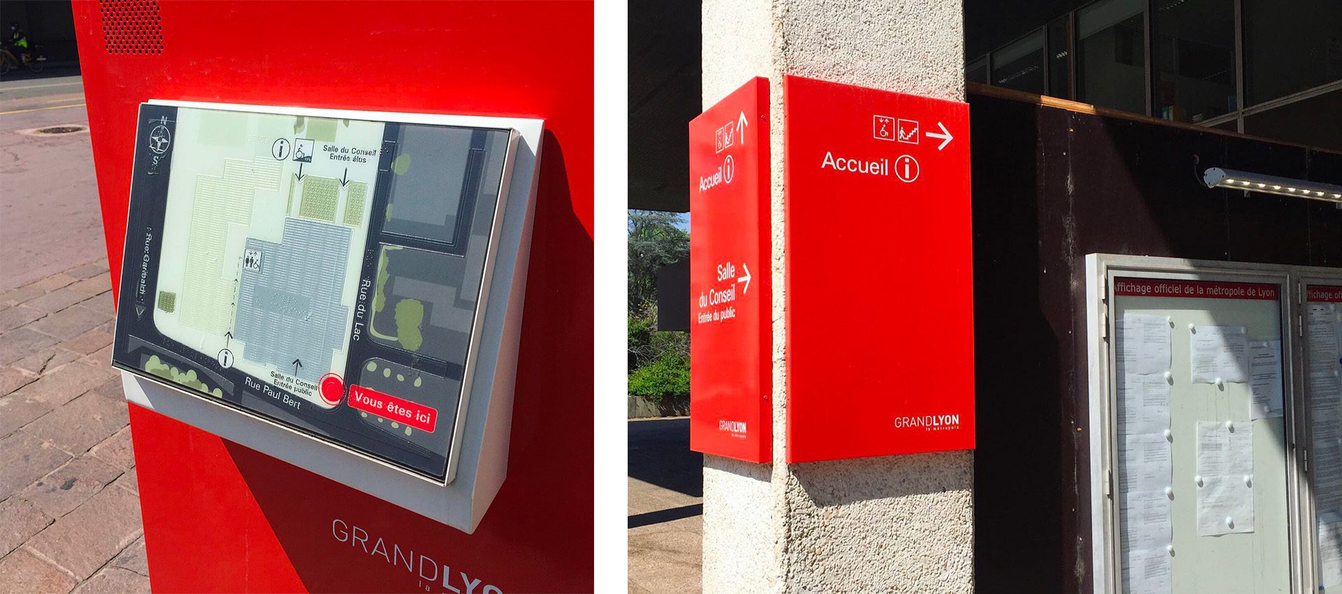Plan tactile et panneau rouge Grand Lyon indiquant l'accueil et la salle du conseil à l'entrée du bâtiment