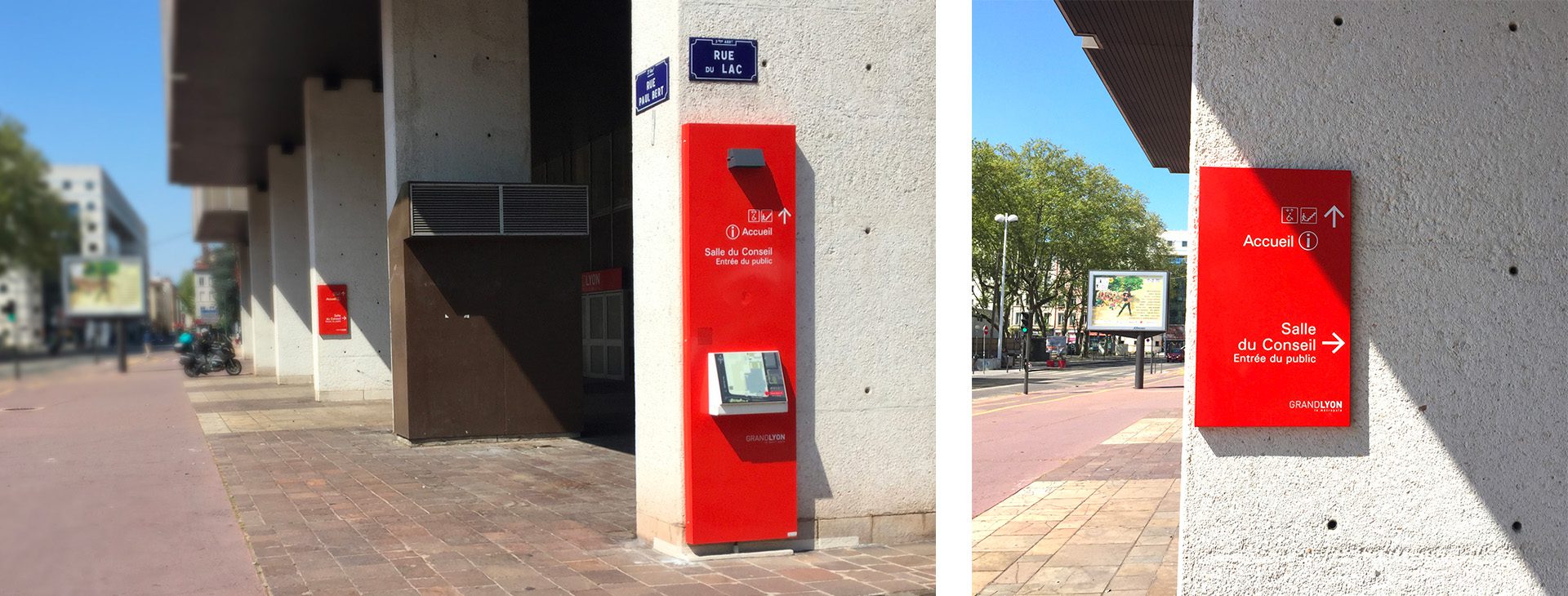 Totem et panneau rouges Grand Lyon sur façade en béton, indiquant l'accueil et la salle du conseil