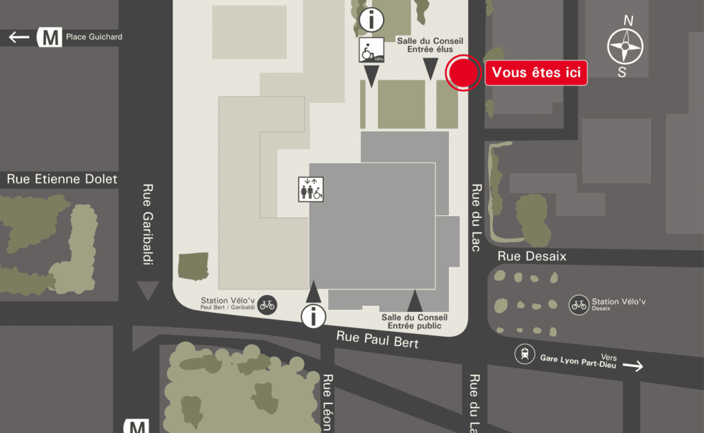 Plan de quartier Grand Lyon Métropole avec repère « Vous êtes ici » entre rue du Lac, rue Desaix et rue Paul Bert