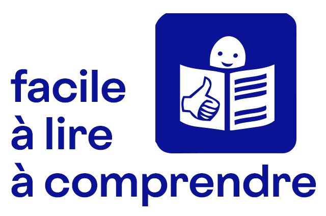 Logo Facile à lire à comprendre avec personnage lisant un document et pouce levé sur fond bleu