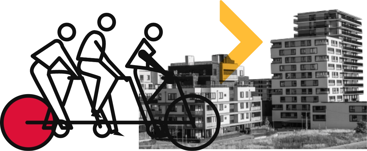 Silhouettes de piétons et d’un cycliste devant des immeubles modernes, avec flèche jaune et rond rouge