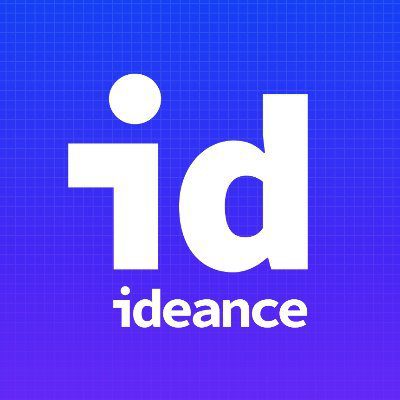 Logo Ideance blanc sur fond bleu quadrillé avec monogramme id et nom ideance centré