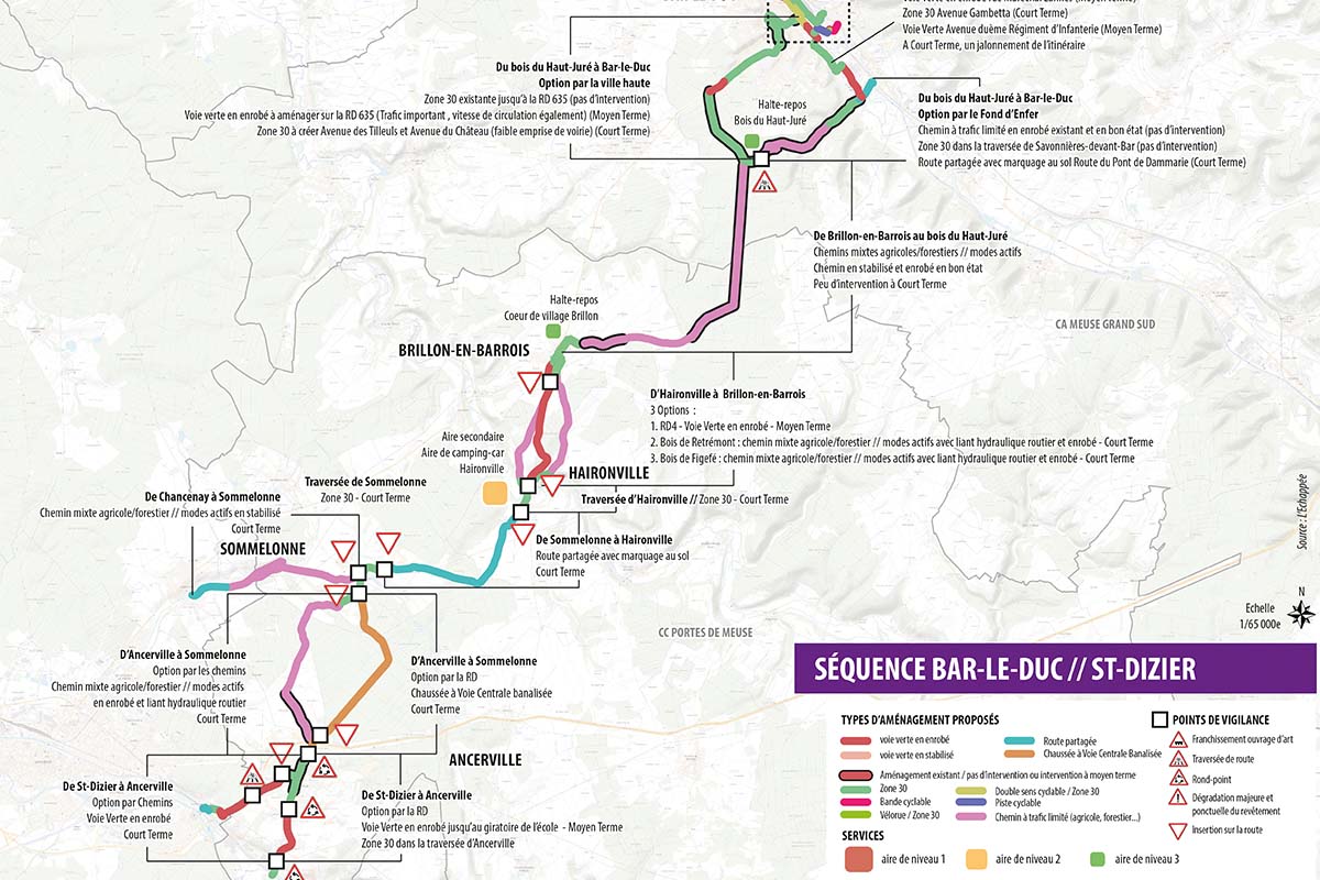 Plan d’itinéraires entre Bar-le-Duc et Saint-Dizier avec tracés colorés, communes et légende d’aménagement