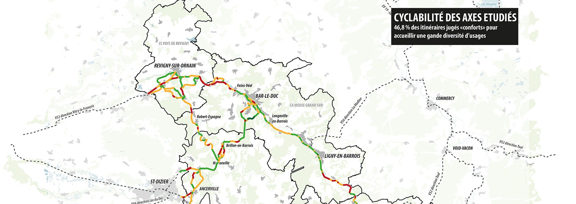 Carte des axes de cyclabilité étudiés autour de Revigny-sur-Ornain, Bar-le-Duc et Ligny-en-Barrois en vert, orange et rouge