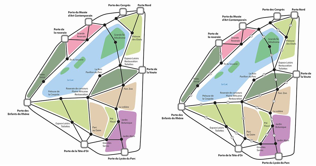 Deux plans cartographiques du parc de la Tête d'Or avec portes, allées, lac et zones nommées colorées