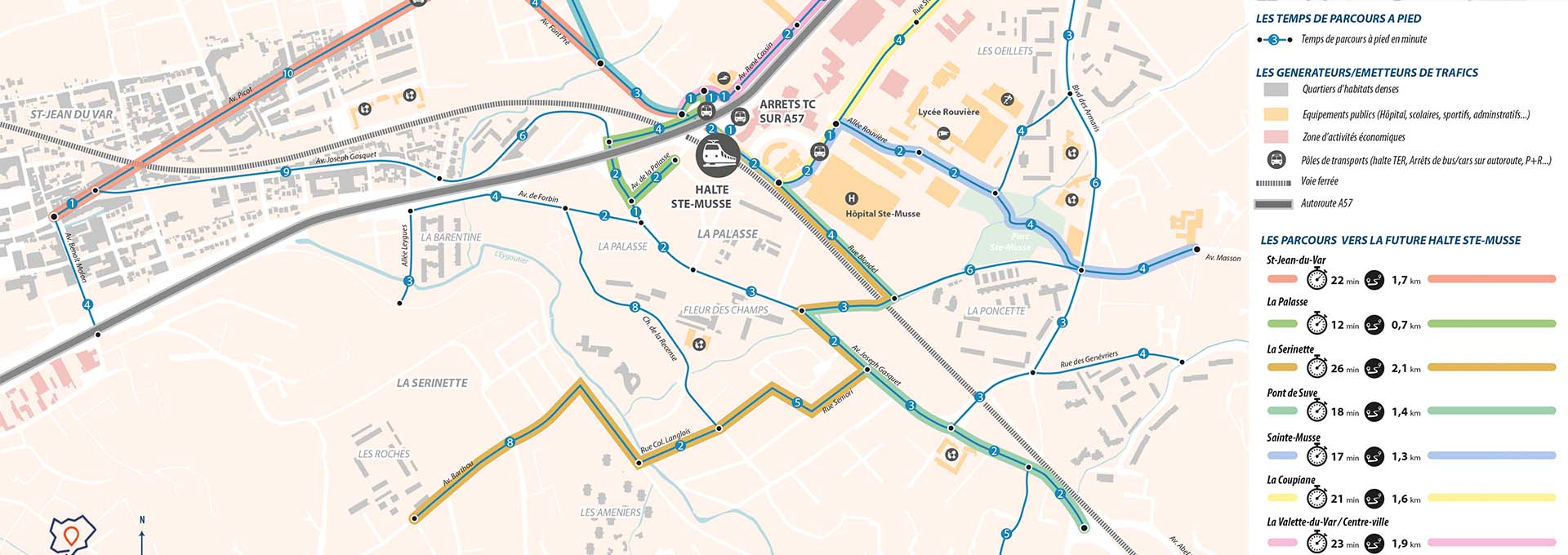 Carte des temps de parcours à pied vers la halte Sainte-Musse depuis plusieurs quartiers de Toulon