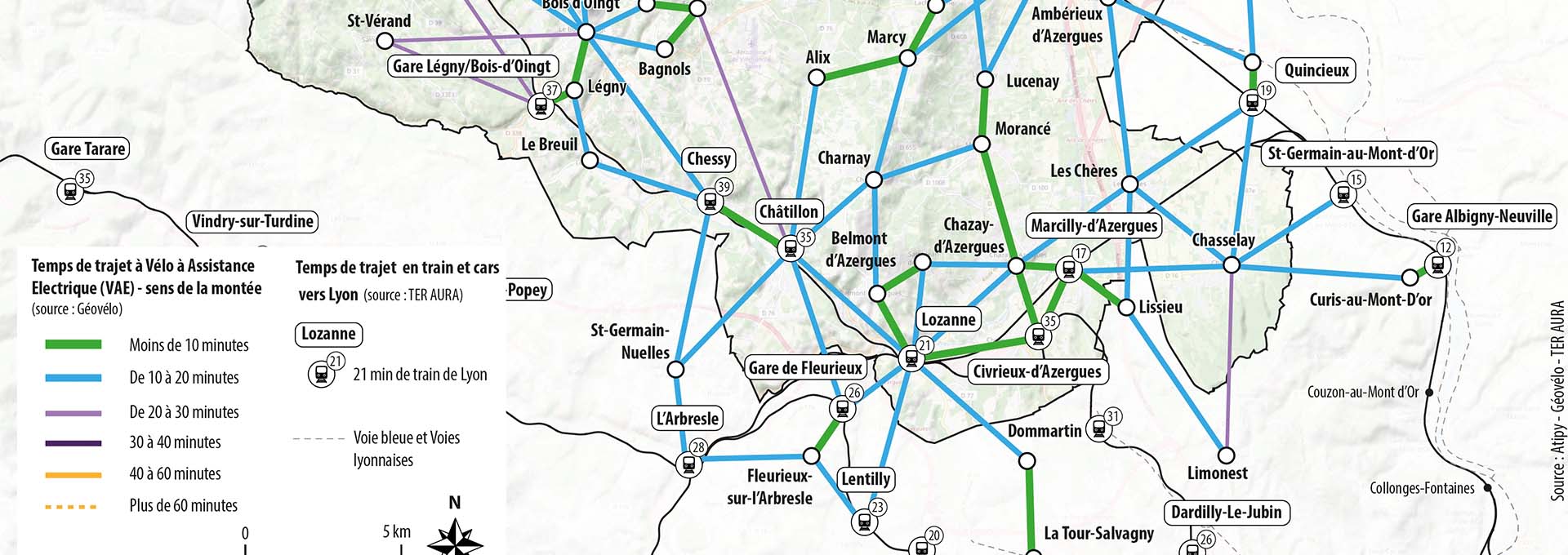 Carte de jalonnement mobilité autour de Lozanne avec trajets VAE et temps de train et cars vers Lyon