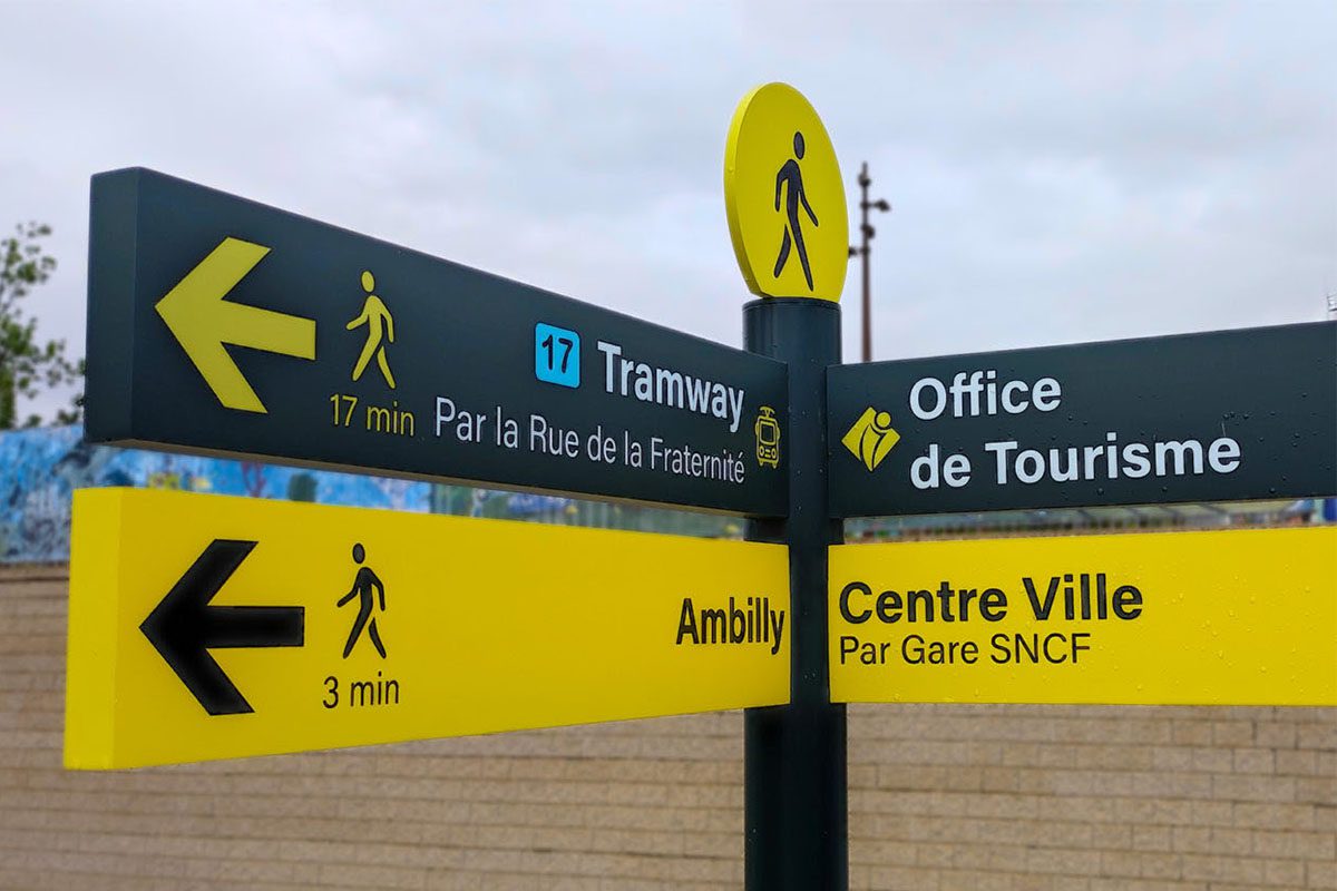 Panneaux de jalonnement piéton vers le tramway, l'office de tourisme, Ambilly et le centre-ville SNCF