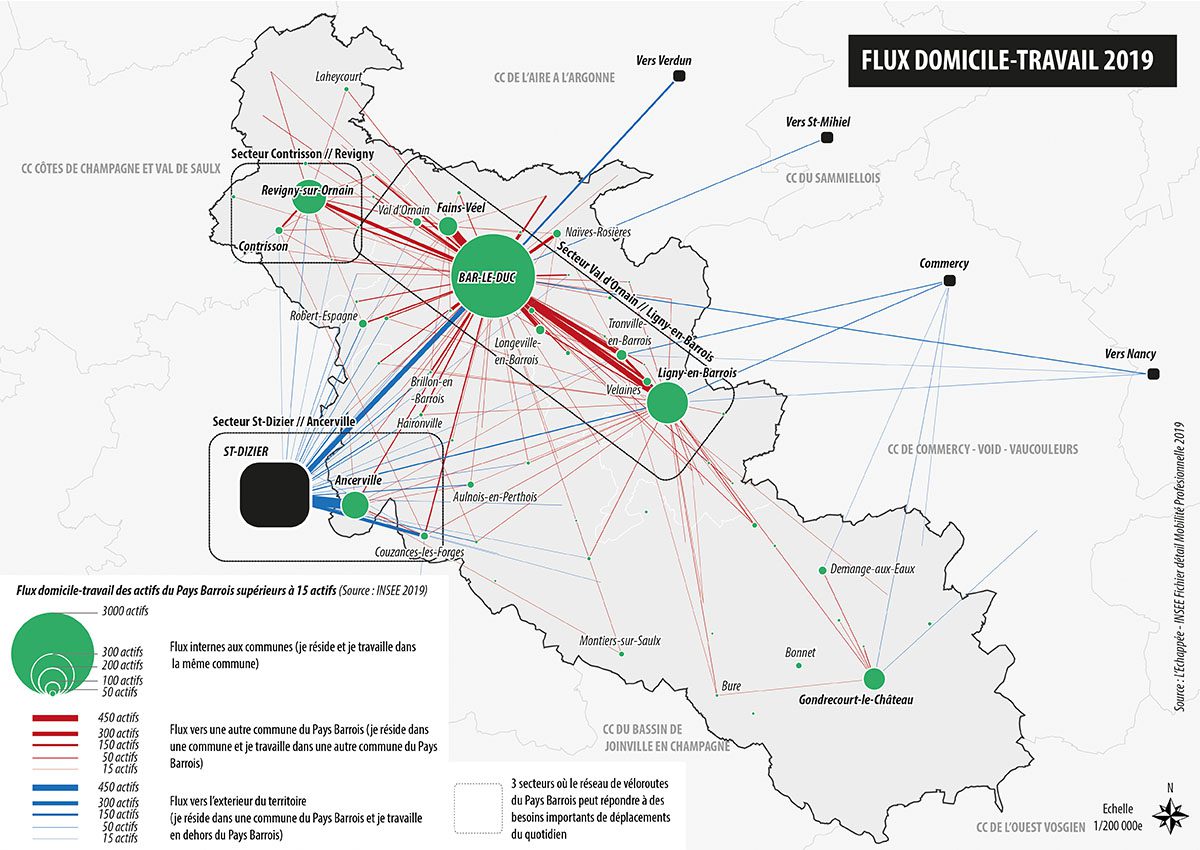 Carte des flux domicile-travail 2019 autour de Bar-le-Duc avec liaisons vers communes voisines et villes extérieures