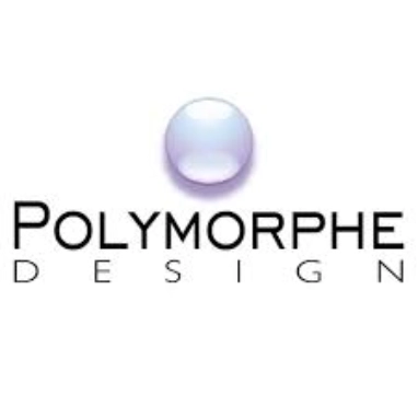 Logo Polymorphe Design avec une sphère violette translucide au-dessus du nom en lettres noires espacées